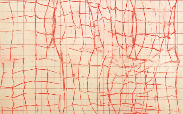© Serena Amrein, Netz 1. 2020, Detail, Rotes Pigmentpulver auf grundierter Pappe, 150 × 108 cm, Ausstellung artmark galerie Wien, 2021 (AT)