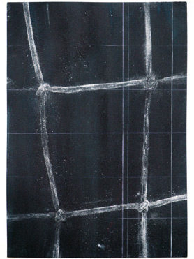 © Serena Amrein, Studien Nr. 1 zu Netzquadrat, Arbeit auf Papier, 2021, Pigmentpulver auf schwarz grundiertem Papier, 29.5 × 20.7 cm