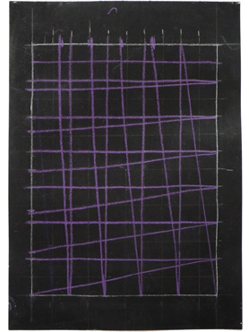 © Serena Amrein, Studien 1 zu Netzquadrat, Bleistift, Buntstift auf schwarz grundiertem Papier, 29 × 21 cm