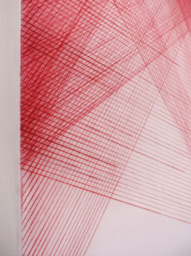 © Serena Amrein, Serena Amrein, ROT P.M., Detail, Rotes Pigmentpulver auf grundiertem Baumwollgewebe, 100 × 80 cm