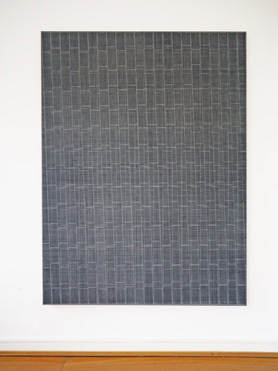 © Serena Amrein, beben 1, 2015. Schwarzes Pigmentpulver auf ggrundiertem Baumwollgewebe, 200 × 150 cm, Ausstellung Designhaus Darmstadt 2015