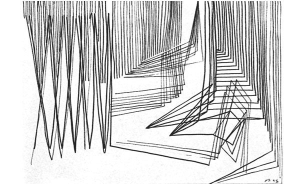 © Serena Amrein, 6 × 1 = 1. 1995, Skizzen, 1995, Tusche auf Papier, je 15 × 21 cm