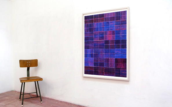 © Serena Amrein, vierfach rot-blau 3. 2024, Tinte auf Papier, je 119 × 84 cm. © Foto aus dem Atelier Serena Amrein